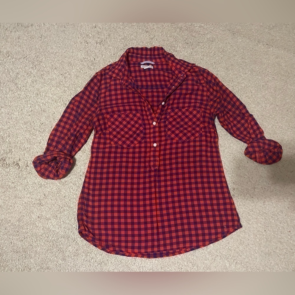 Merona Red and black 3/4 sleeve plaid top‎ size XS